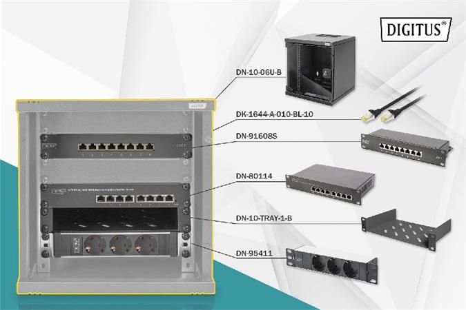 Digitus Síťová sada 10", včetně skříně 6U, černé police, PDU, 8portového přepínače, patch panelu CAT 6 DN-10-SET-1-B