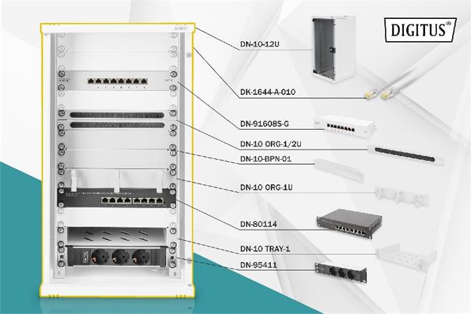 Digitus -SÍŤOVÁ SADA - 12U Rack, Police, PDU, 8port Switch, Patch panel, Cable organizer, Patch Cable DN-10-SET-3