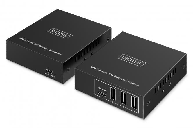 DIGITUS USB 3.2 Gen1 CAT Extender, 5 Gbps, 4 porty: 3x USB-A / 1x USB-C, 100m DA-73121