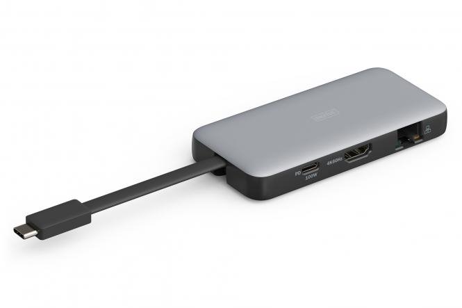 Digitus USB-C cestovní dokovací stanice, 7 portů: 1× HDMI, 2× USB 3.2 Gen 1, 1× RJ45, 1× SD, 1× MicroSD, 1× PD DA-70916