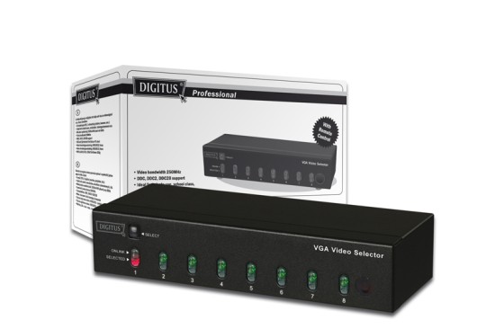 DIGITUS Video Selector, 1 Monit., 8 PCs,, Remote Cont. w/ Power Supply,9 X HDSUB 15 Female w/o Cable,w/ Remote DS-46100
