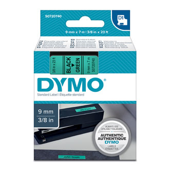 Dymo originál páska do tlačiarne štítkov, Dymo, 40919, S0720740, čierny tlač/zelený podklad, 7m, 9mm, D1 S0720740