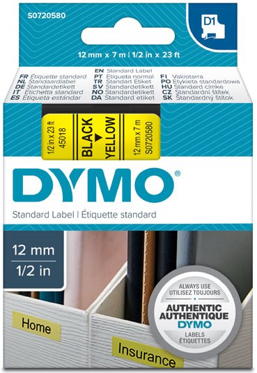 Dymo originál páska do tlačiarne štítkov, Dymo, 45018, S0720580, čierny tlač/žltý podklad, 7m, 12mm