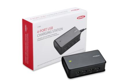 Ednet 4-Port USB nabíjecí stanice pro tablety, chytré telefony, atd. Výstup: 2x 1A, 2x 2,1 A, černý 31806