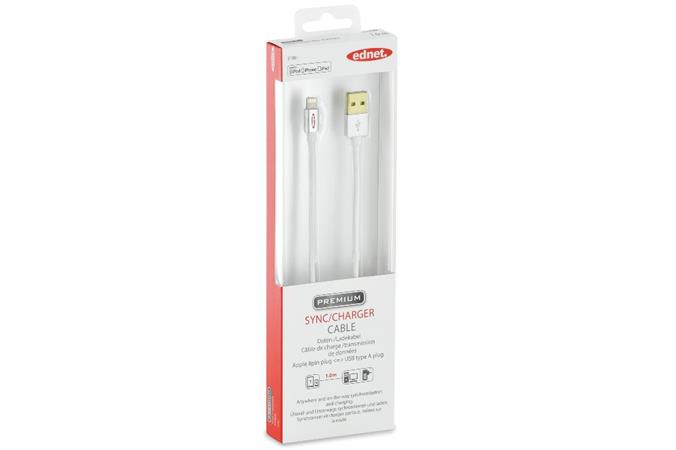 Ednet - Apple IP5/6 nabíjecí a datový kabel, Apple 8pin - USB A St/St, 1,0m, High Speed UL, MF, zlacené konektor 31061