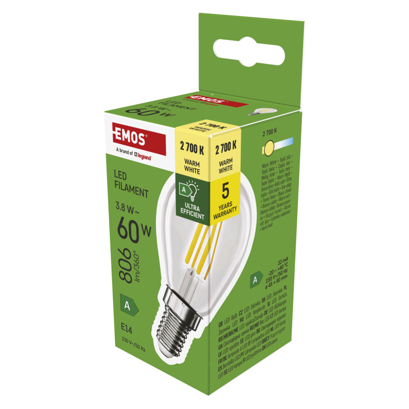 EMOS LED FLM MINI GL 3,8W(60W) 806lm E14 WW A CLAS 1525741259