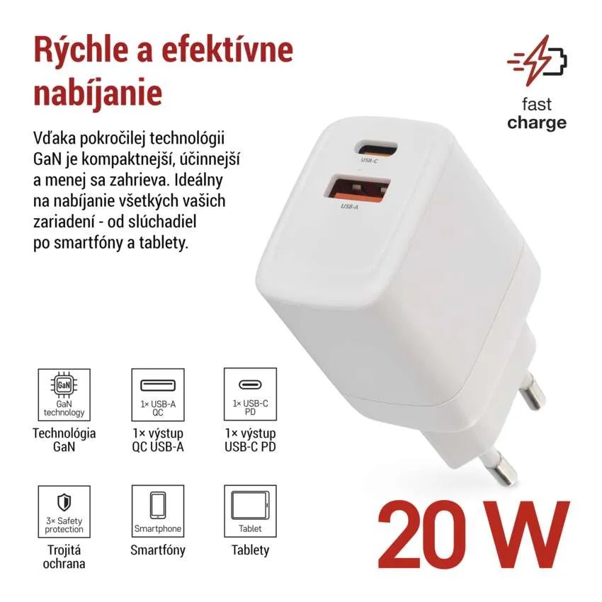EMOS USB adaptér do siete PD, 1x USB-A a 1x USB-C, 20 W max. V02G20