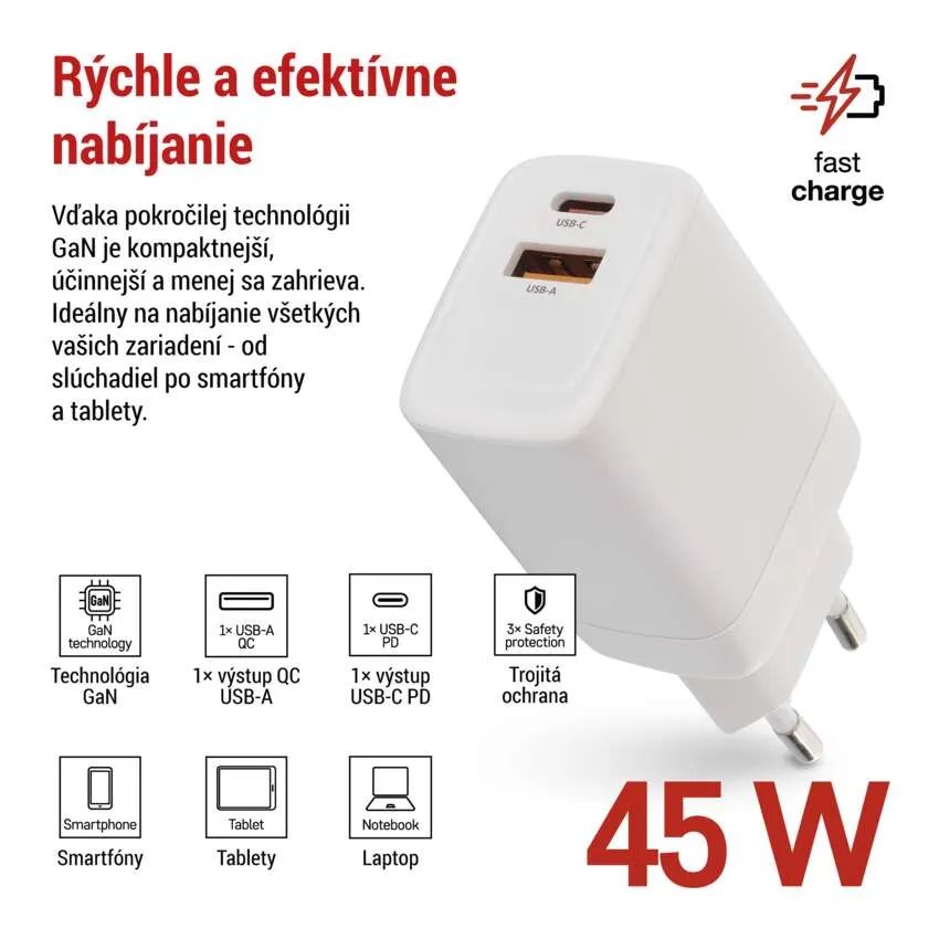 EMOS USB adaptér do siete PD, 1x USB-A a 1x USB-C, 45 W max. V04G45