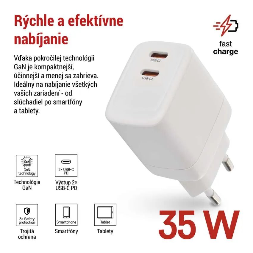 EMOS USB adaptér do siete PD, 2x USB-C, 35 W max V03G35