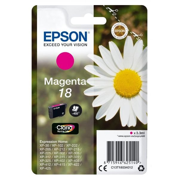 Epson originál ink C13T18034020, T180340, magenta, 3,3ml, Epson Expression Home XP-102, XP-402, XP-