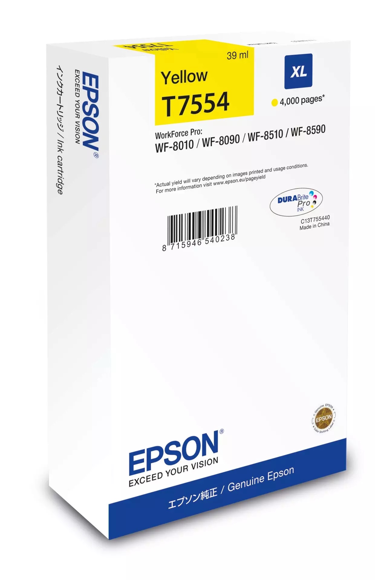 Epson originál ink C13T75544N, T7554, XL, yellow, 4000str., 39ml, 1ks, Epson WorkForce Pro WF-8590D