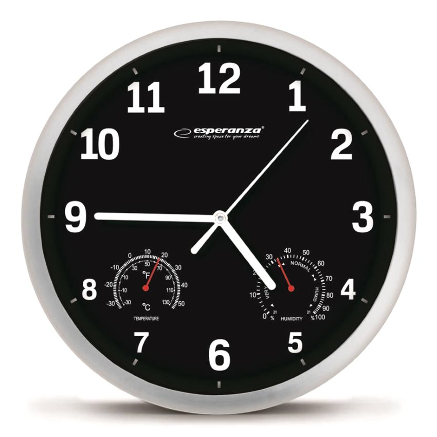 ESPERANZA LYON Nástěnné hodiny, teploměr + vlhkoměr, černé EHC016K