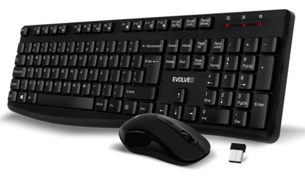 EVOLVEO K1050, bezhlučný set bezdr. klávesnice a myši, US INTL, černá K1050-BK-EN