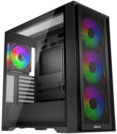 EVOLVEO Rhino, skříň eATX/ATX, 4x ARGB ventilátor 120mm, boční panel temperované sklo + mřížkovaný přední pan RHINO-BK-4