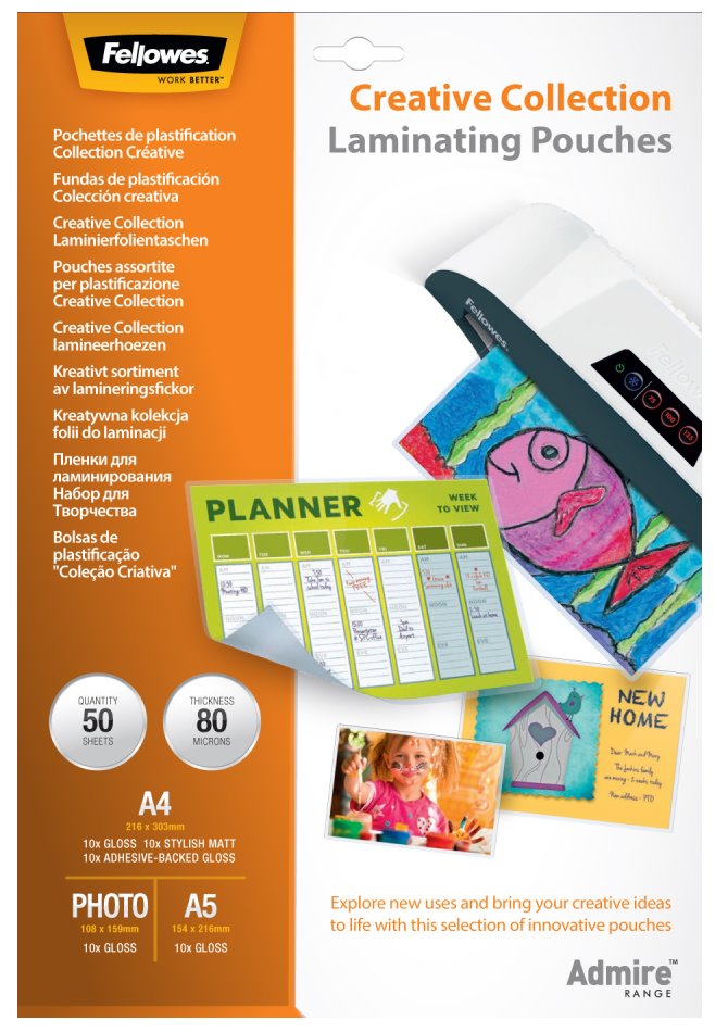 FELLOWES laminovací fólie/ 80 mic/ kreativní set/ 50 pack lampofelacr080