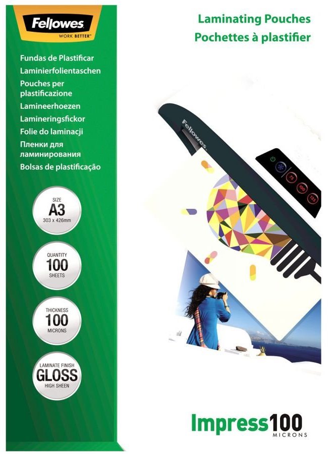FELLOWES laminovací fólie A3 100 mic/ velikost 303x426 mm/ lesklé/ 100 pack lampofela3100
