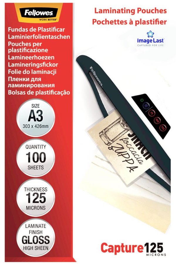 FELLOWES laminovací fólie A3 125 mic ImageLast/ velikost 303x426 mm/ lesklé/ 100 pack lampofela3125