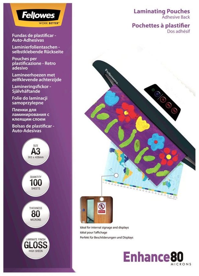 FELLOWES laminovací fólie A3 80 mic samolepící/ velikost 303x426 mm/ lesklé/ 100 pack lampofela3080ad