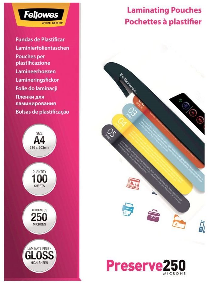 FELLOWES laminovací fólie A4 250 mic/ velikost 216x303 mm/ leskklé/ 100 pack lampofela4250