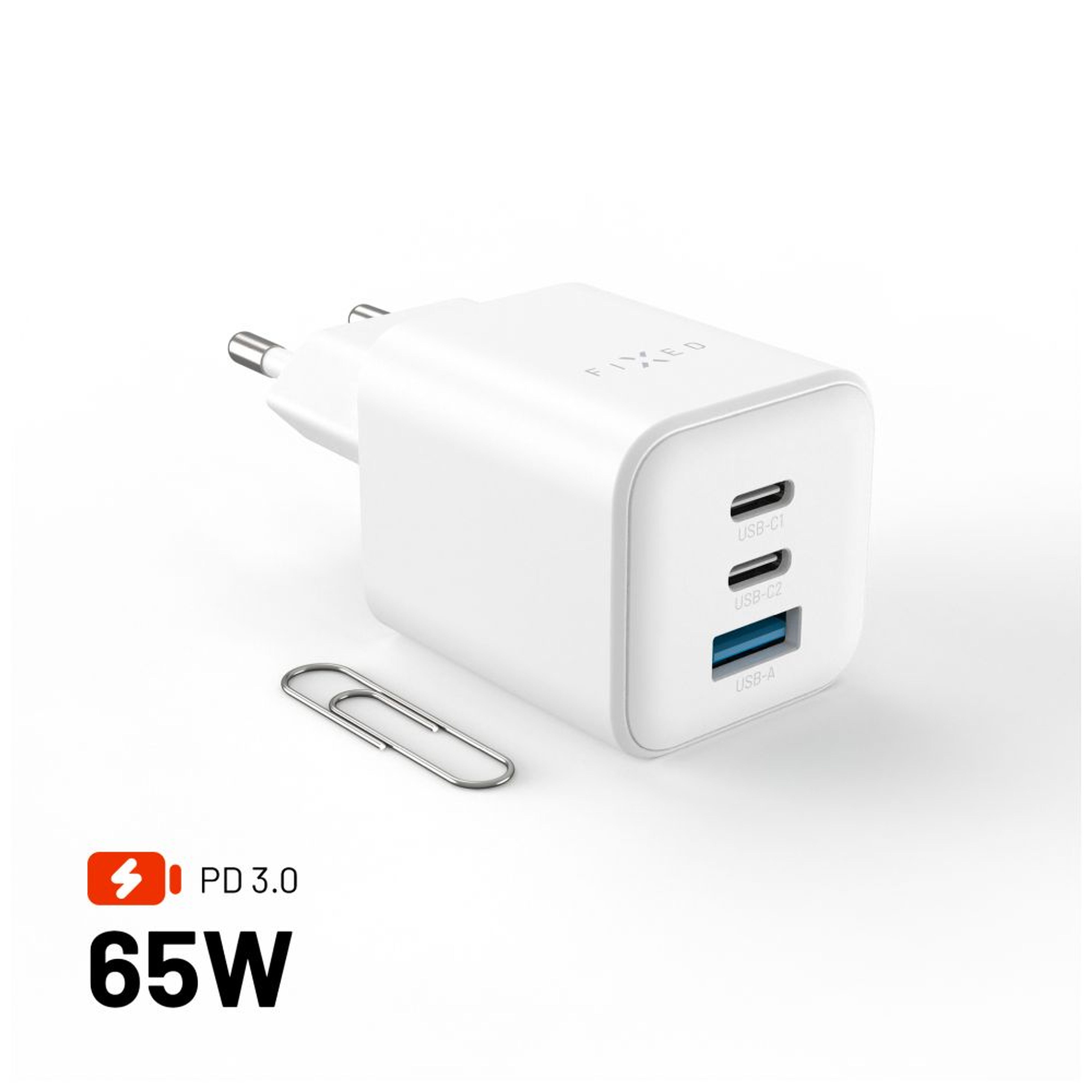 FIXED GaN Mini Sieťová nabíjačka s 2xUSB-C a USB výstupom a podporou PD, 65W, biela FIXCG65M-2C1A-WH