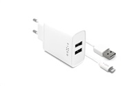 Fixed nabíječka do sítě, konektor 2x USB-A, kabel USB -> Lightning (MFI) délka 1 m, 15 W, bílá FIXC15-2UL-WH