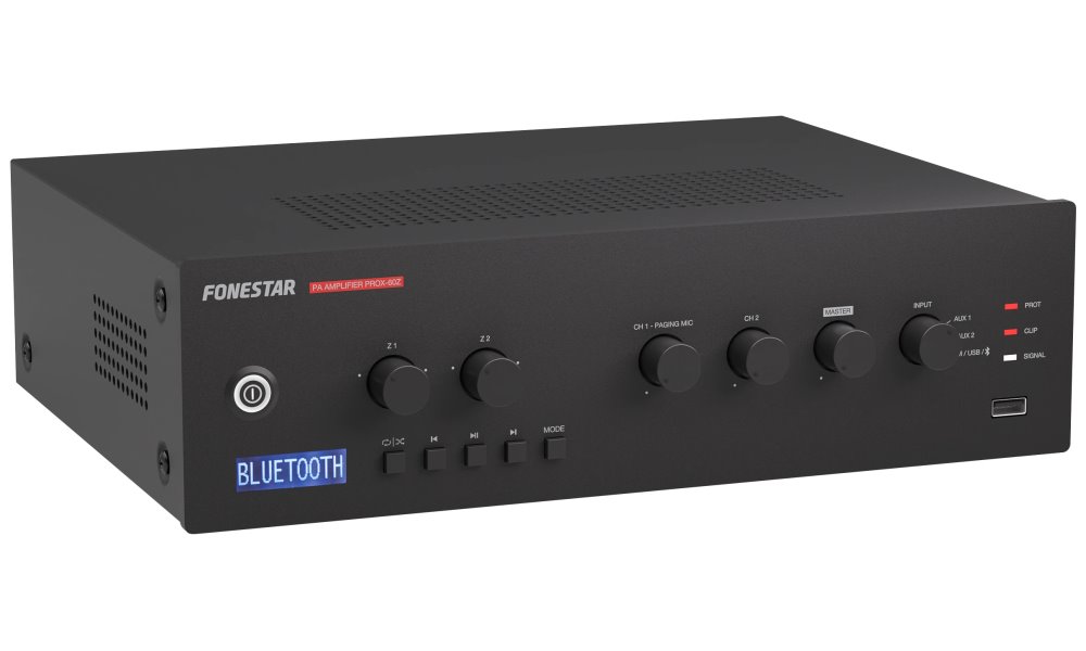 Fonestar 2-zónová 100V ústředna 60 W, BT/USB/FM, 2× Mic/Line + Phantom, nouz 100V vstup, pasivní chlazení PROX-60Z