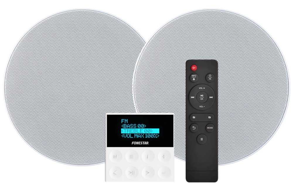 Fonestar Ozvučovací set 2×15 W RMS, BT 50, FM/USB, LCD, 2× stropní repro 6"/8 ?, hl 75 mm, ovladač KS-WALL