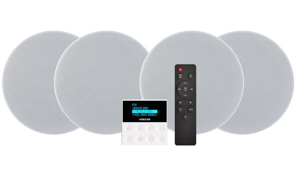 Fonestar Ozvučovací set 2×15 W RMS, BT/FM/USB/LCD, 4× 6" stropní repro, hl 63 mm, zesilovač 86×86 mm, bílý KS-WALL-4