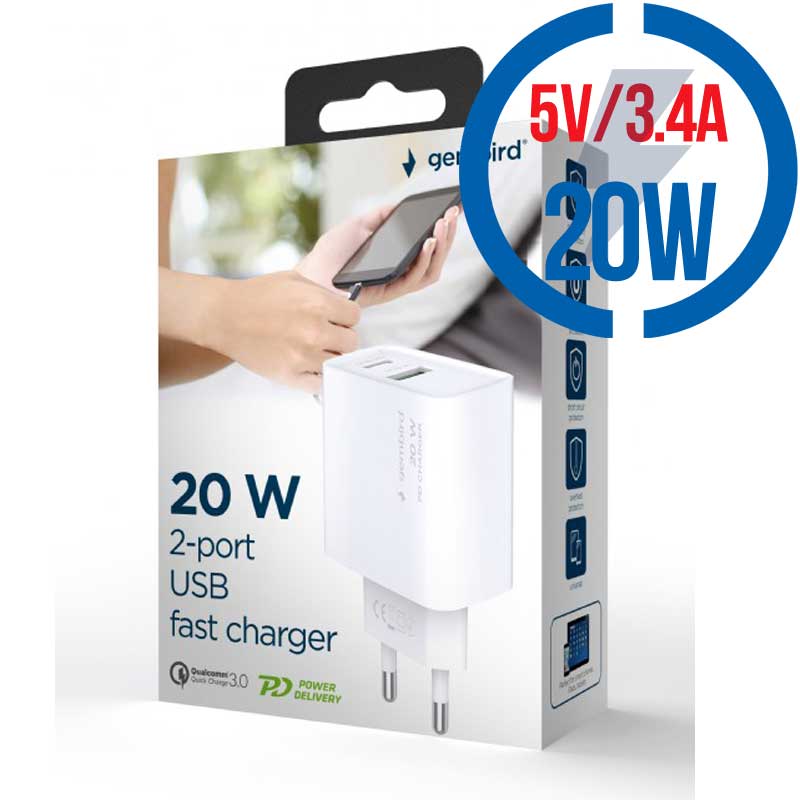 GEMBIRD PD nabíječka USB-A USB C 20W bilá TA-UC-PDQC20-01-W