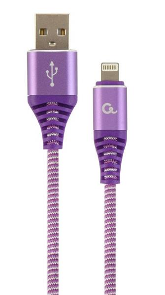 Gembird Premium cotton braided 8-pin charging and data cable, 2m, purple/white CC-USB2B-AMLM-2M-PW
