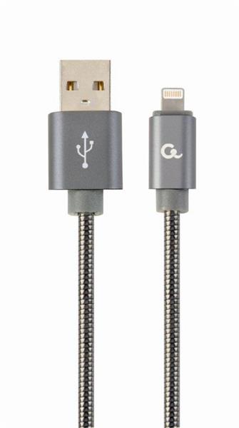 Gembird Premium spiral metal 8-pin charging and data cable, 2m, metallic-grey CC-USB2S-AMLM-2M-BG