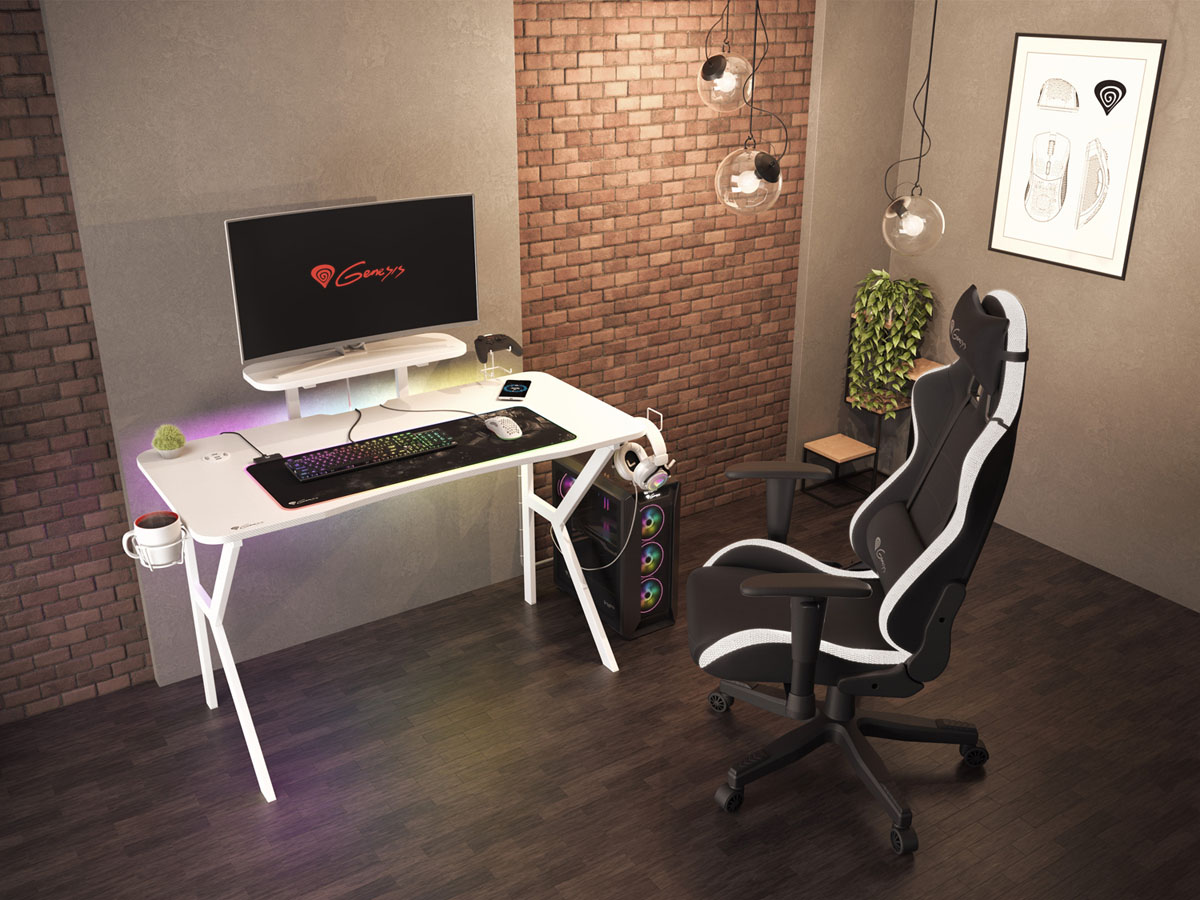 Genesis herní stůl Holm 320, RGB podsvícení, bílý, 120x60cm, 3xUSB 3.0, bezdrátová nabíječka NDS-1802