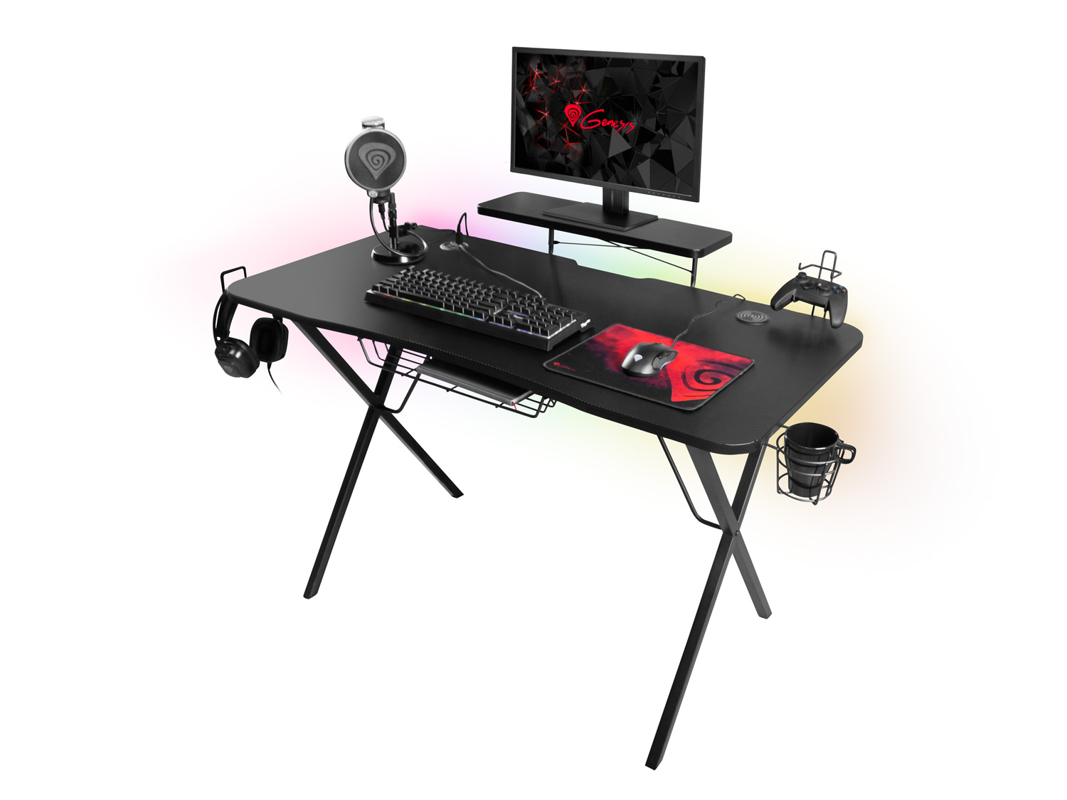 Genesis Holm 300 RGB - herní stůl s RGB podsvícením, 3xUSB 3.0, bezdrátová nabíječka mobilů NDS-1550
