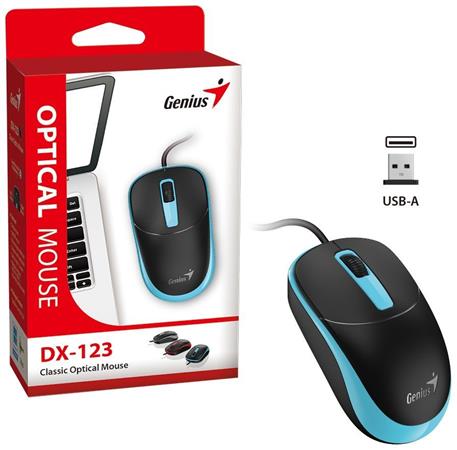 Genius DX-123 Myš, drátová, optická, 1200DPI, 3 tlačítka, USB, černo-modrá 31010033405