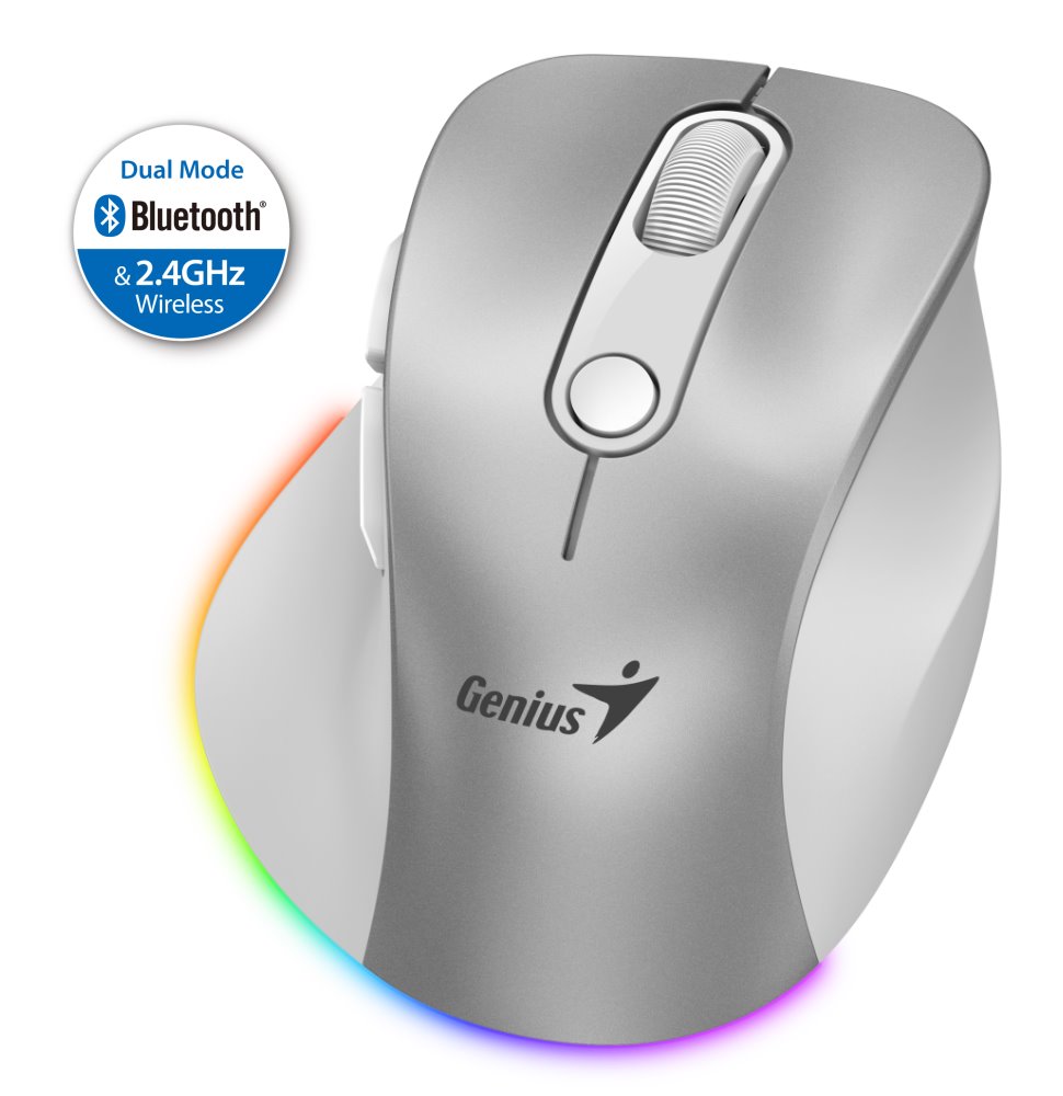 GENIUS Ergo 9000S Pro Silver/ duální Bluetooth + 2,4GHz/ 2400 dpi/ bezdrátová/ 6tlačítková/ tichá/ stříbrná 31030039402