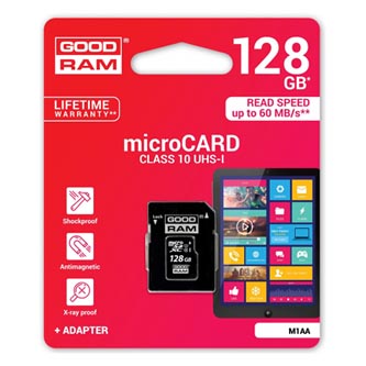 Goodram Micro Secure Digital Card, 128GB, micro SDXC, M1AA-1280R12, UHS-I U1 (Class 10), s adaptéro