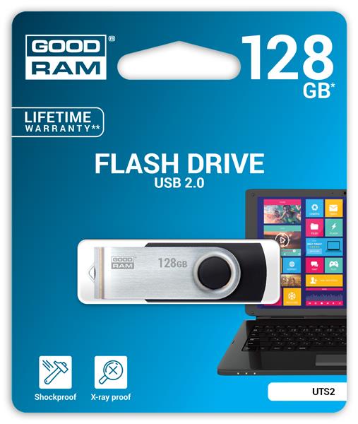 Goodram USB flash disk, 2.0, 128GB, UTS2, čierny, UTS2-1280K0R11, podpora OS Win 7