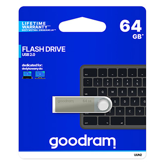 Goodram USB flash disk, USB 2.0, 64GB, UUN2, strieborný, UUN2-0640S0R11, USB A, s pútkom 5908267935163