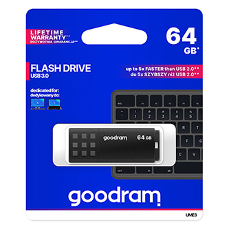 Goodram USB flash disk, USB 3.0 (3.2 Gen 1), 64GB, UME3, čierny, UME3-0640K0R11, USB A, s krytkou