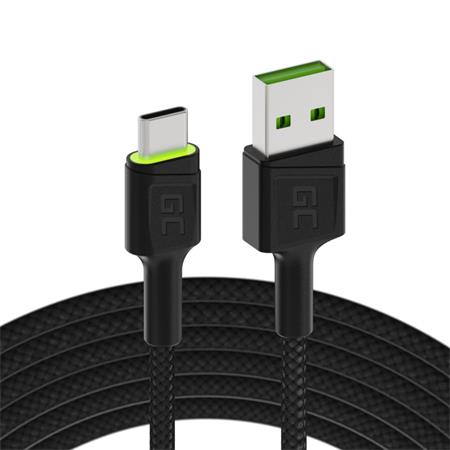 Green Cell Cable Ray USB kabel - USB-C 120 cm se zeleným LED podsvícením a podporou rychlého nabíjení Ultra Char KABGC06