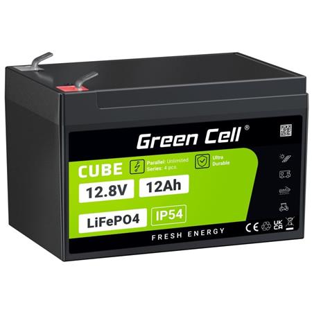 Green Cell CUBE LiFePO4 baterie pro volný čas 12Ah 12,8V 153,6Wh solární baterie pro invalidní vozík, hračk LFPGC12V12AH