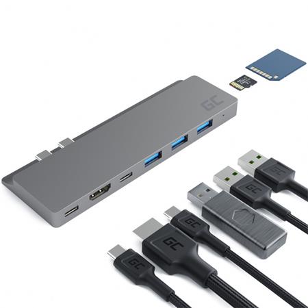 Green Cell HUB Connect60 8in1 adaptér (Thunderbolt 3, USB-C, HDMI, 3x USB 3.0, SD, microSD) pro MacBook Pro 13"/15" AK75