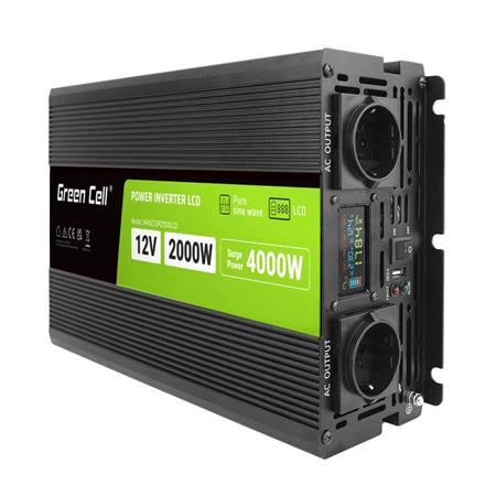 Green Cell PowerInverter LCD 12 volt 2000W/40000W car inverter with display - pure sine wave INVGC12P2000LCD