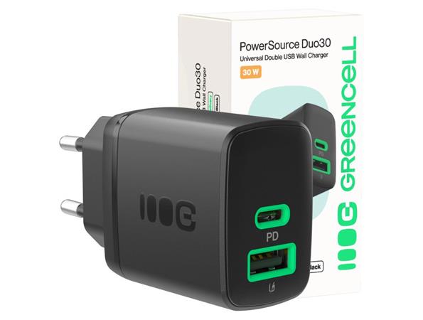 Green Cell PowerSource Duo30 Charger USB/USB-C Black Power Adapter 30W Power Delivery CHARB-GC-30AC-B