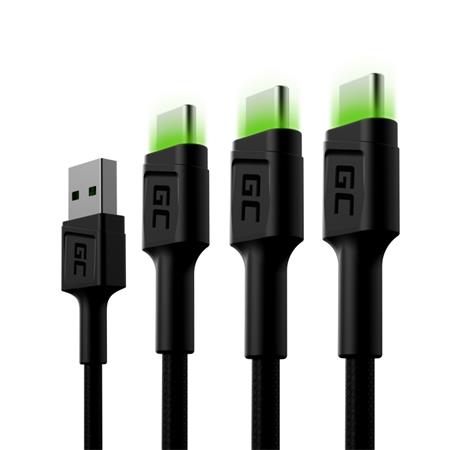 Green Cell Set 3x Cable GC Ray USB-C 200cm Cable with green LED backlight, fast charging Ultra Charge, QC 3.0 KABGCSET03