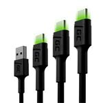Green Cell Set 3x Cable GC Ray USB-C Cable 30cm, 120cm, 200cm with green LED backlight, fast charging UC, QC KABGCSET01