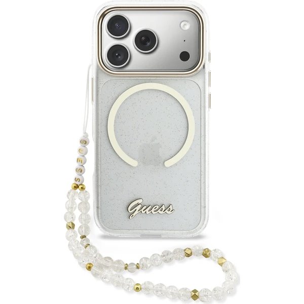 Guess IML Glitter Script Strap MagSafe kryt iPhone 17 Pro biely 57983128958