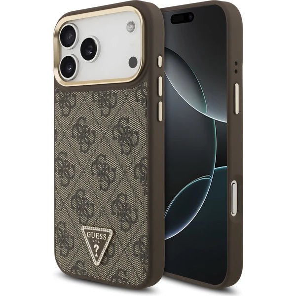 Guess PU Leather 4G Strass Triangle Logo Gold Frame MagSafe kryt iPhone 17 Pro hnedý 57983127113