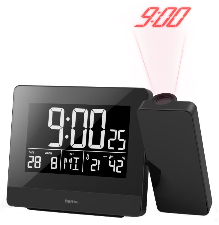 HAMA budík Plus Charge/ s projekcí času/ USB konektor pro nabíjení mobilu/ černý 186332