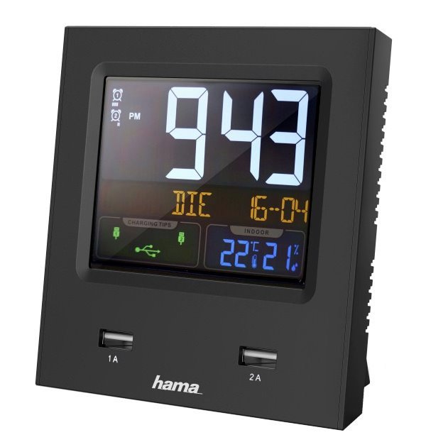 HAMA digitální budík Dual-USB/ řízený rádiovým signálem/ barevný displej/ 3x AAA baterie/ 2x USB/ černý 186381